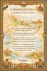 Classical Bharathiyam artwork portraying Bharat as a timeless dharmic civilization with sacred mountains, rivers, temples, and traditional ornamental framing.