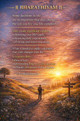 Bharathiyam quote about life-changing decisions and long-term consequences with crossroads at sunrise
