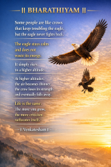 Bharathiyam quote about criticism and rising above negativity with eagle flying high at sunrise
