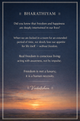 Bharathiyam quote about freedom, happiness, and conscious living with twilight sky background