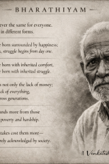 Bharathiyam quote about poverty, inherited struggle, and generational hardship with portrait of elderly man