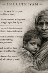 Bharathiyam quote about inherited poverty and generational struggle with elderly woman holding child in monochrome portrait