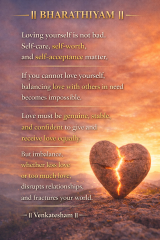 Bharathiyam quote about self-love, self-worth, and emotional balance with cracked heart at sunset