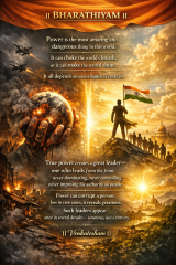 Bharathiyam quote artwork about power and leadership, contrasting destruction and righteous strength, featuring a burning globe, fighter jets, and a figure holding the Indian flag.