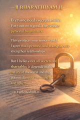 Bharathiyam quote about secrets, personal boundaries, and transparency with lock and key on book
