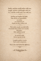 Bharathiyam inspirational quote about laughter, tears, and the truth behind human companionship on vintage parchment background
