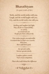 Bharathiyam inspirational quote poster about joy, sorrow, and truth of life on vintage parchment background