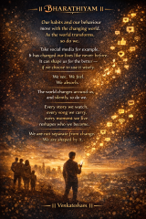 Bharathiyam quote artwork about how social media and daily digital habits shape thoughts, identity, and character, illustrated with glowing communication icons in a dark golden background.