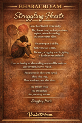 Bharathiyam “Struggling Hearts” quote artwork depicting silent emotional pain, inner battles, and resilience, featuring a seated figure and cracked heart imagery in classical tones.