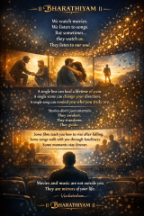 Bharathiyam quote artwork about the emotional impact of movies and music, showing cinematic scenes, a couple, and musical notes in a glowing golden night sky.
