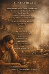 Bharathiyam quote about silent sacrifice and unrecognized family struggles with woman in kitchen scene