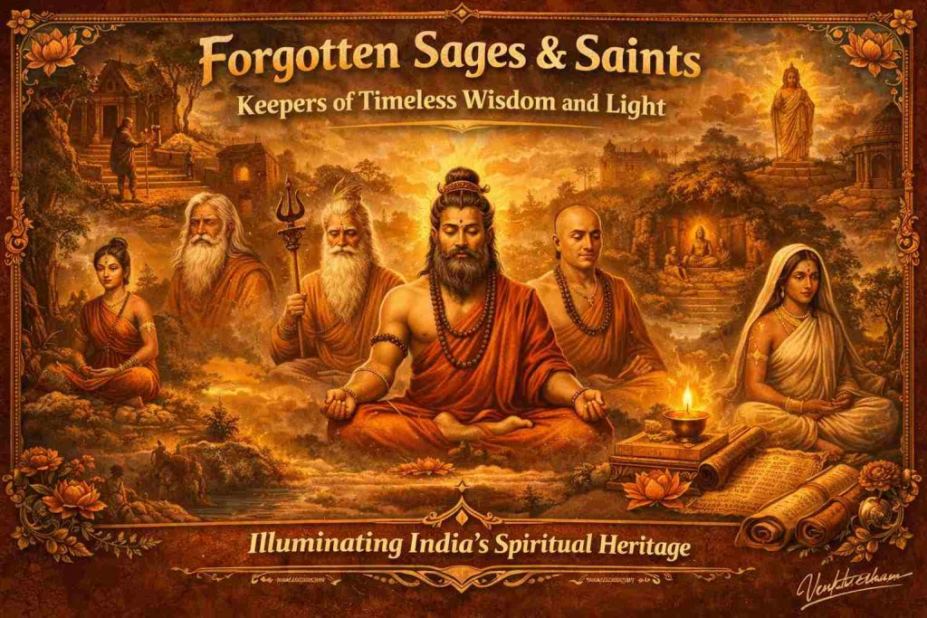 Forgotten Sages and Saints of India meditating in forests and hermitages, symbolizing timeless wisdom, tapas, and spiritual light in golden vintage artwork