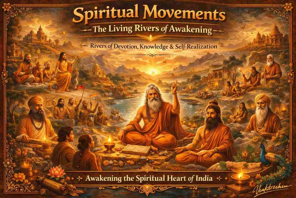 Spiritual Movements of India featuring sages, bhakti saints, yogis, and gurus by a sacred river symbolizing devotion, knowledge, and awakening